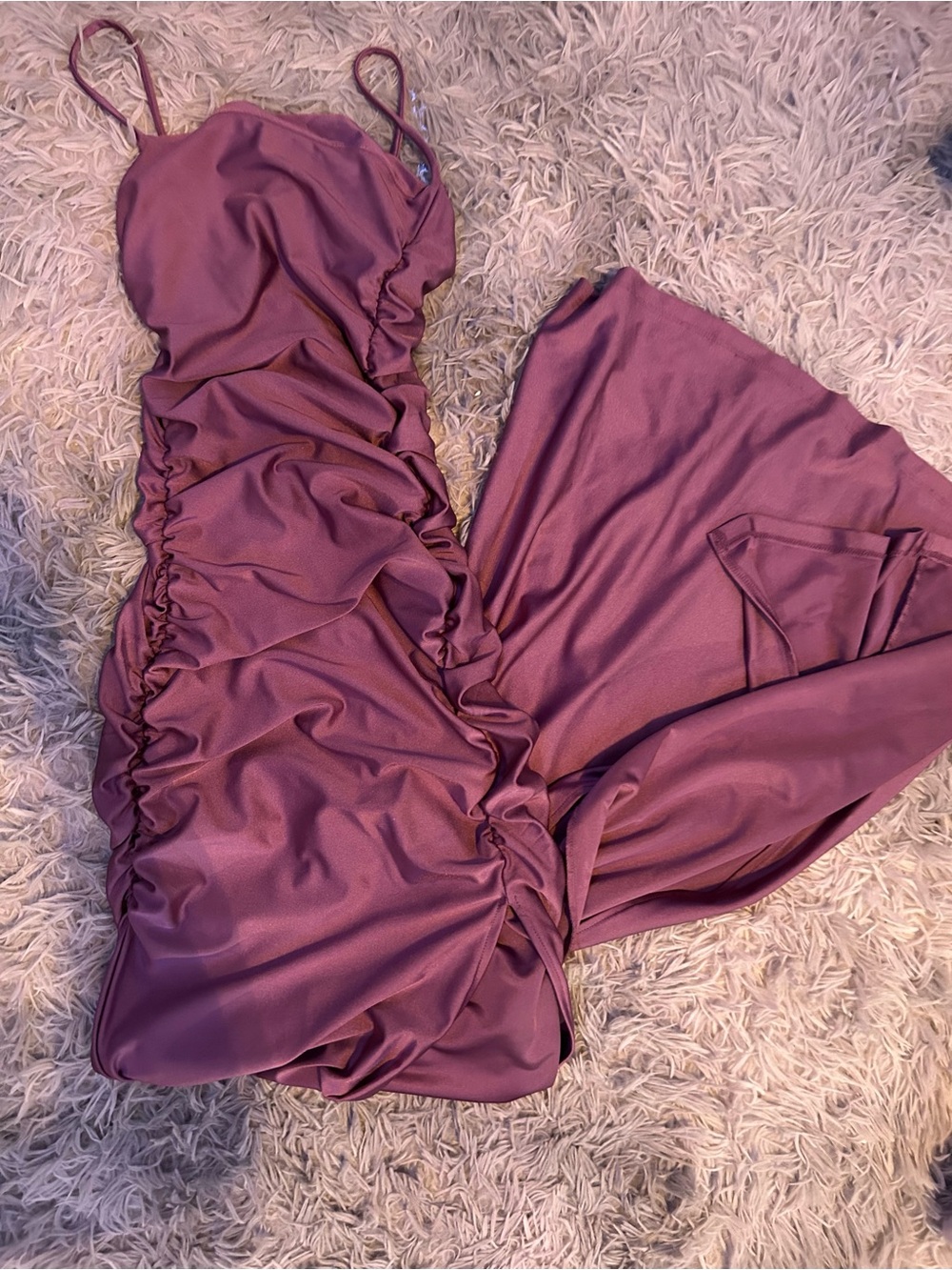 Mauve Ruched Spaghetti Strap Dress Floorlength
